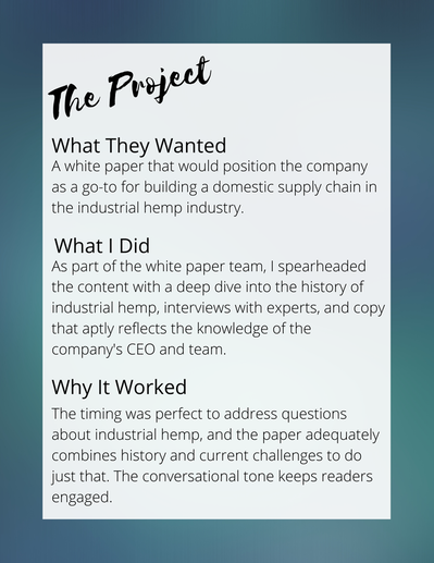 Project Summary for White Paper on Industrial Hemp Industry